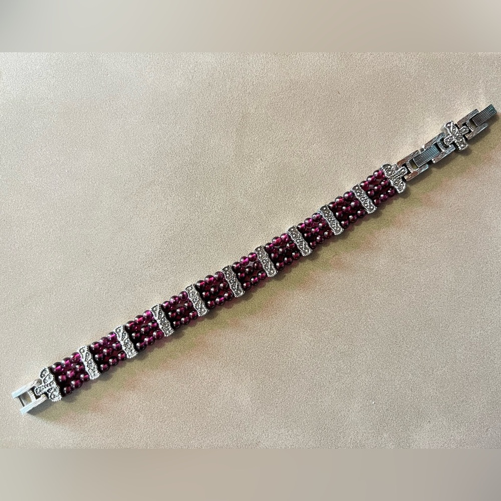 Amethyst Beaded Marcasite
Studded Silver Tone Metal Bracelet
Vintage